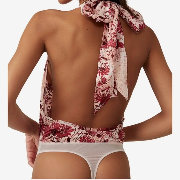 Free People, Intimately, Ivory Pink Floral Body Suit, Size S/P - Picture 2 of 8
